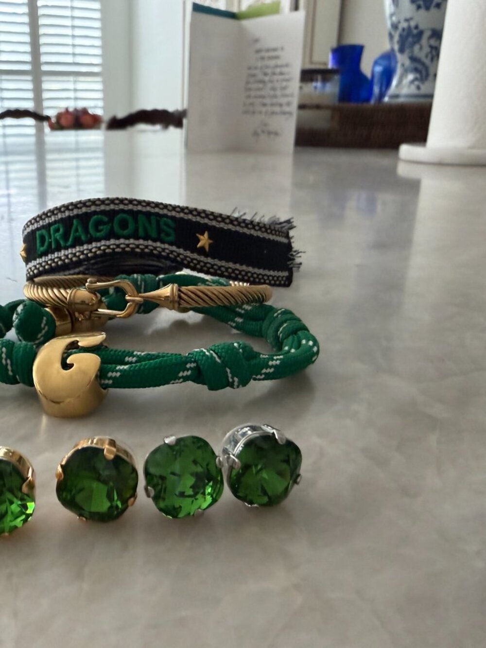 Green and gold stack of bracelets and stud earrings - Picture 2 of 3